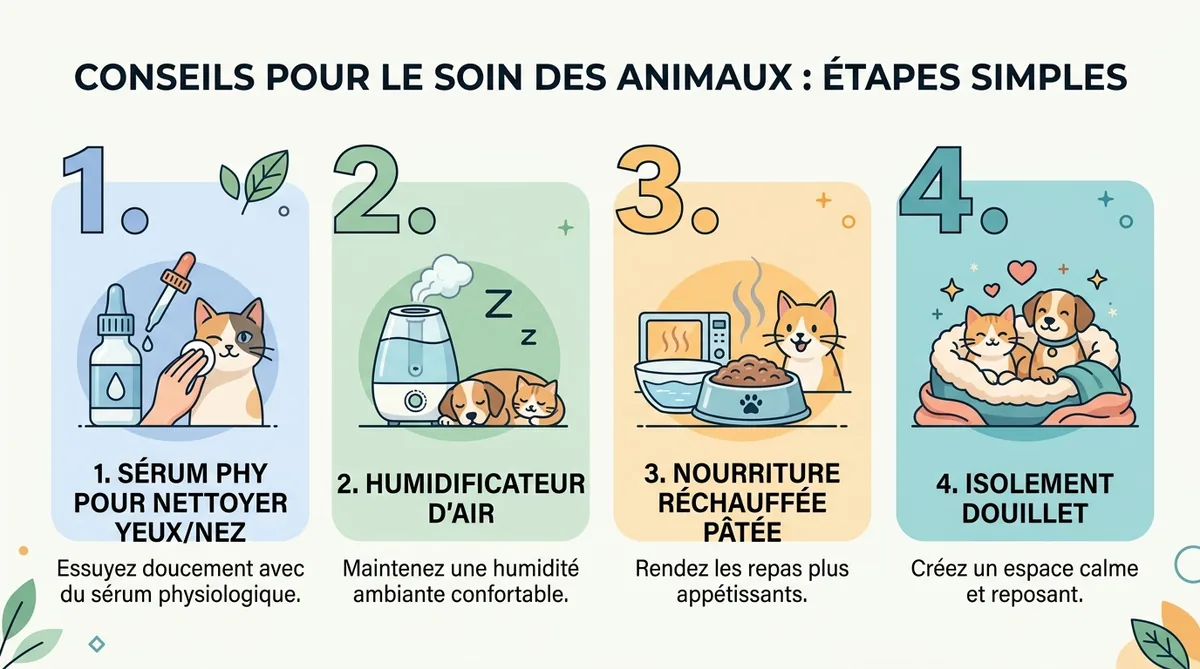 Infographie 4 étapes soins coryza chaton à domicile