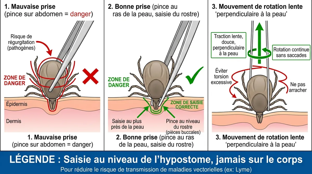 Schéma technique extraction tique : bonne et mauvaise prise de la pince