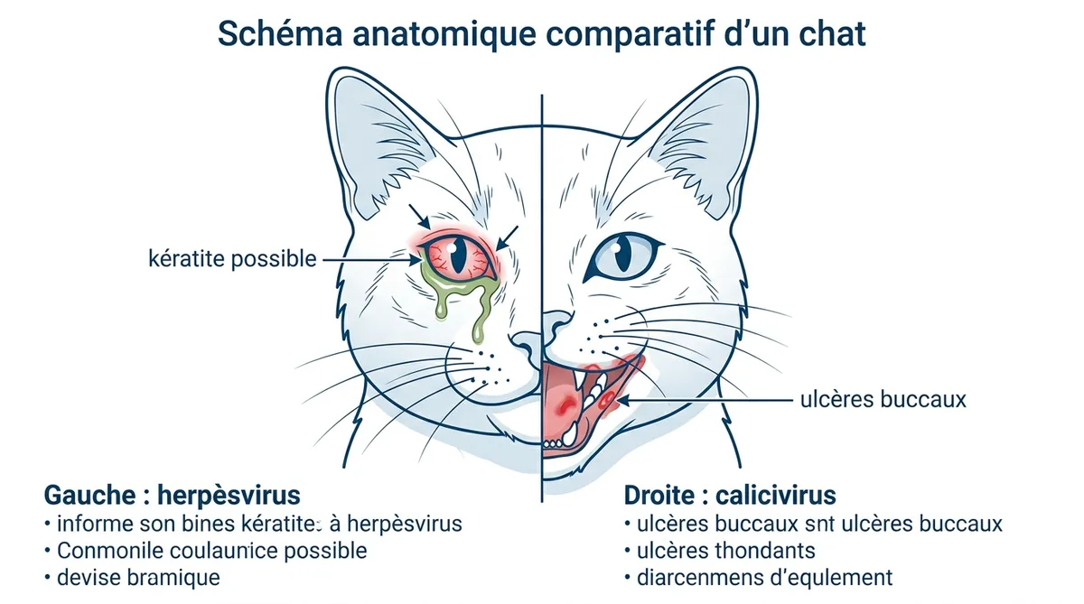 Schéma comparaison symptômes herpèsvirus et calicivirus chez le chat