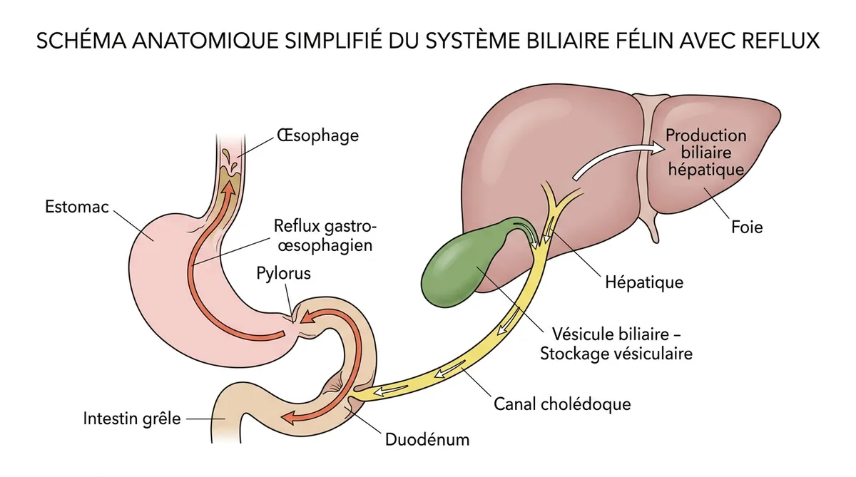 Schéma anatomique système biliaire chat vésicule foie reflux