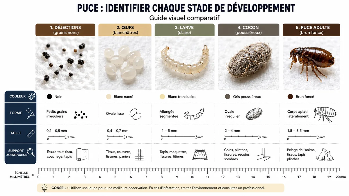 Comparatif visuel crottes, œufs, larves et puces adultes