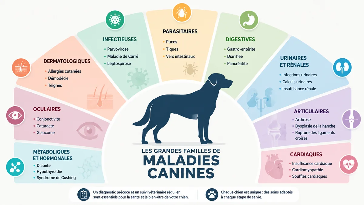 Infographie des principales familles de maladies du chien