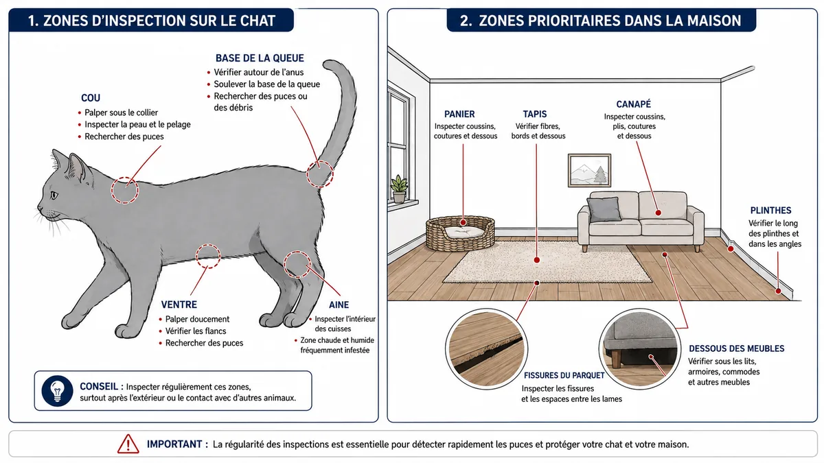 Zones à inspecter sur un chat et dans la maison