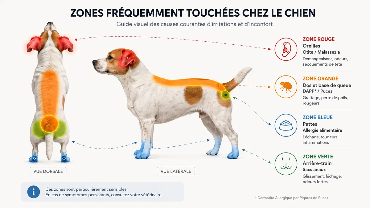 Schéma corps chien zones démangeaisons diagnostic localisé