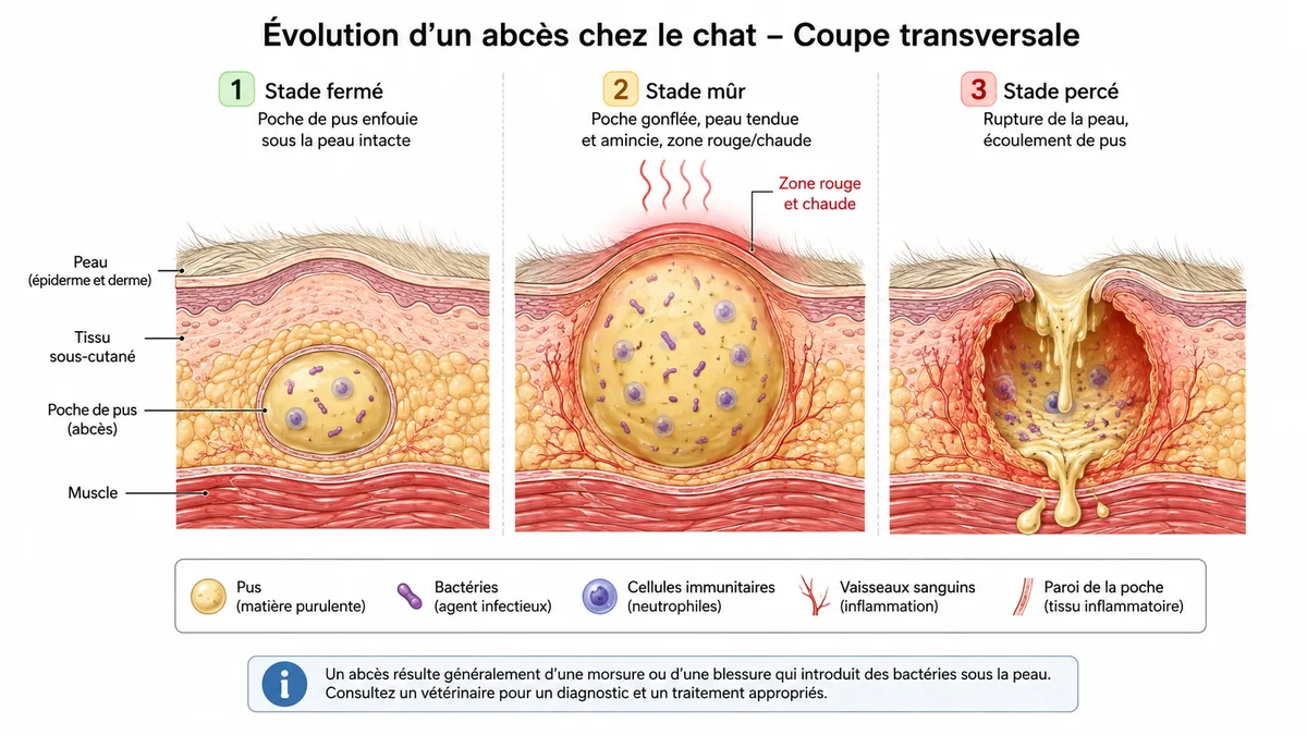 Schéma des trois stades d'un abcès chez le chat en coupe