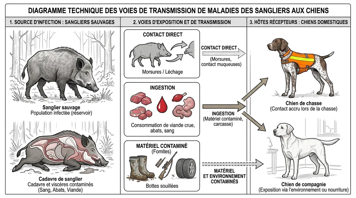 Schéma des voies de transmission de l'Aujeszky au chien