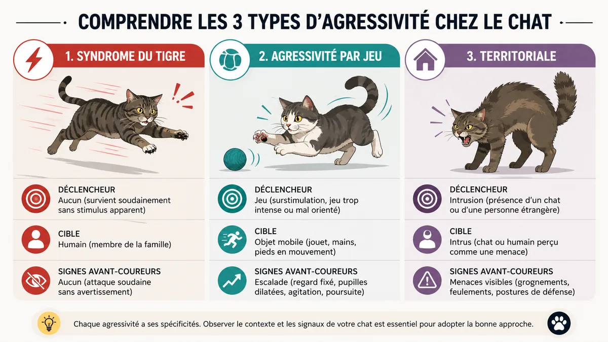 Tableau comparatif syndrome du tigre chat vs agressivité par jeu vs territoriale