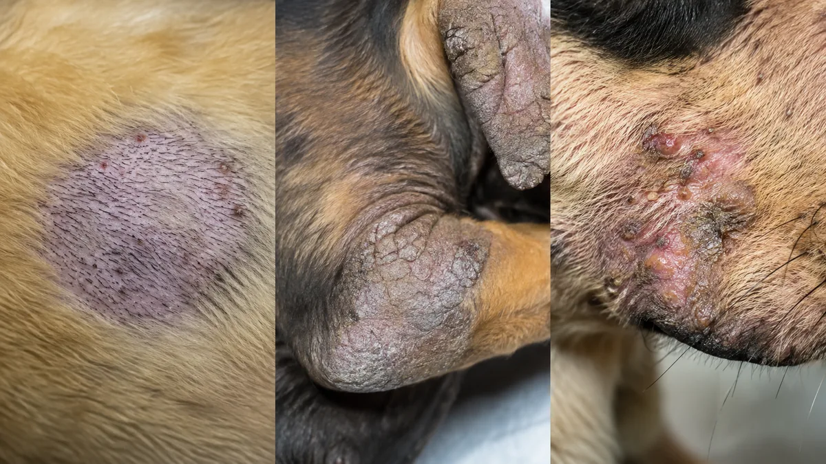 Photos comparatives teigne, gale et pyodermite chez le chien