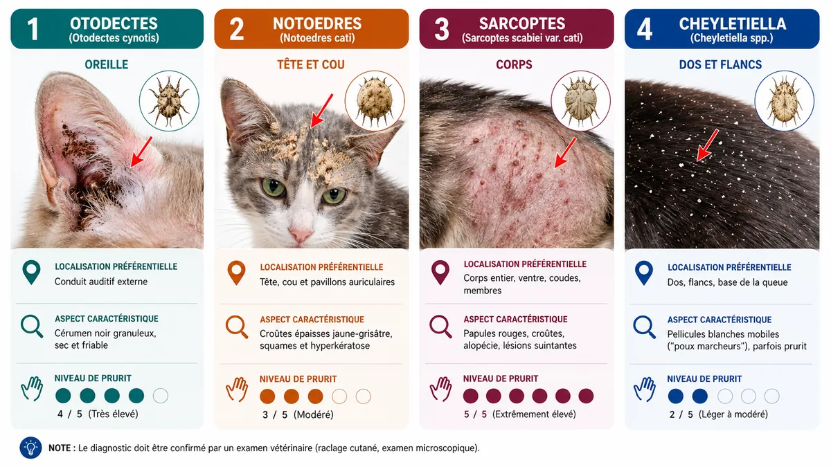 Infographie comparant les 4 types de gale du chat avec photos des lésions
