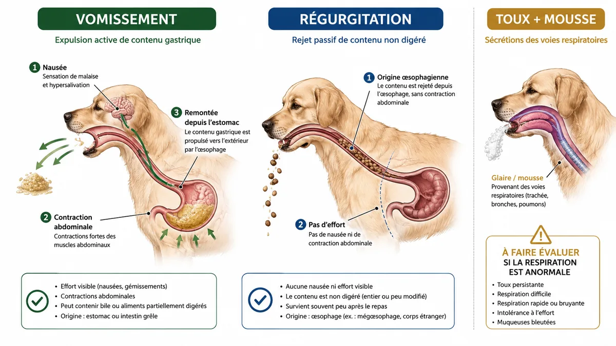 Différence entre vomissement, régurgitation et glaires chez le chien