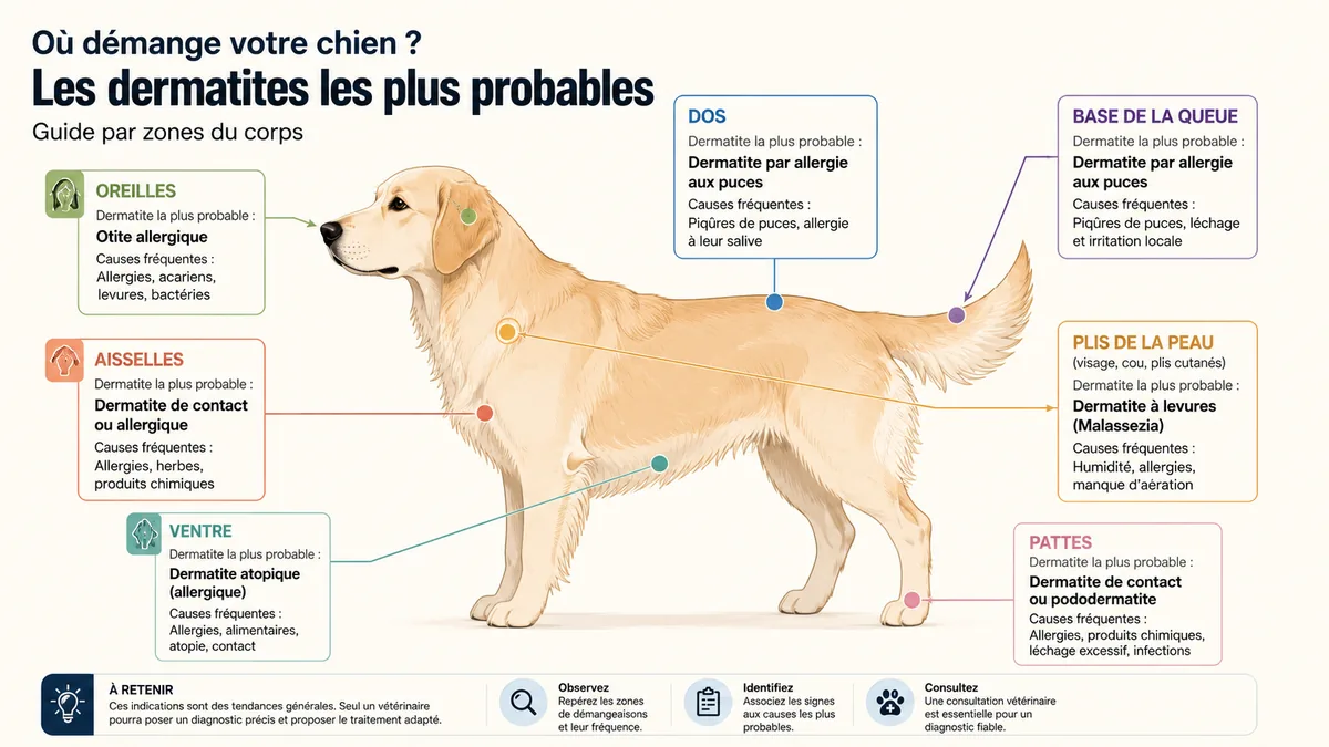 Schéma des zones du corps du chien touchées par la dermatite