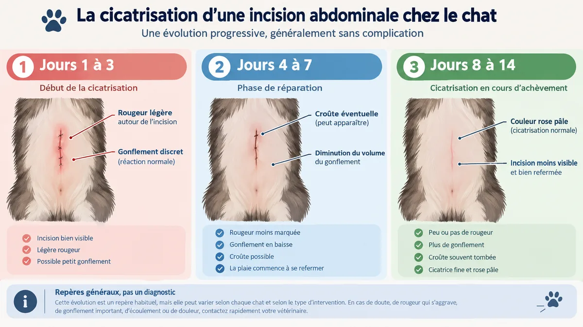 Évolution schématique d’une cicatrice de stérilisation féline
