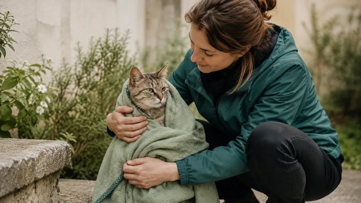 Femme enveloppant un chat errant dans une serviette à l'extérieur