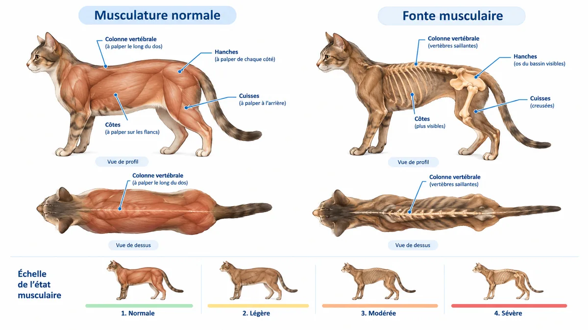 Comparaison d'un chat à musculature normale et d'un chat atteint de fonte musculaire des hanches et cuisses