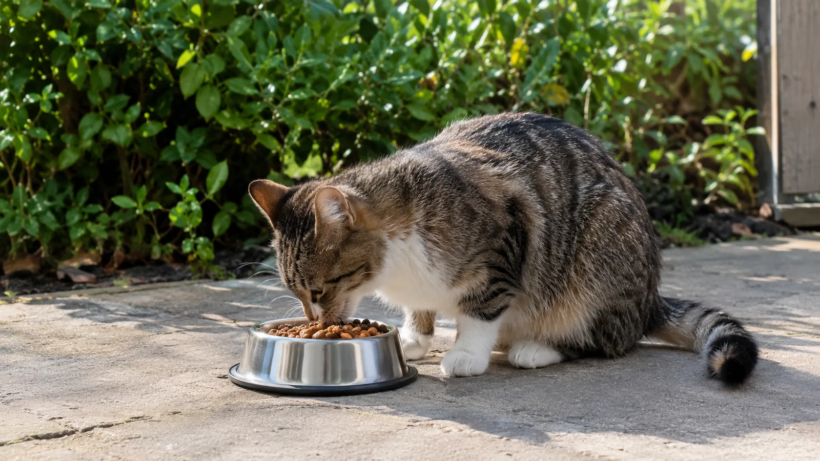 Chat tabby et blanc mangeant des croquettes dans une gamelle en métal sur une terrasse extérieure
