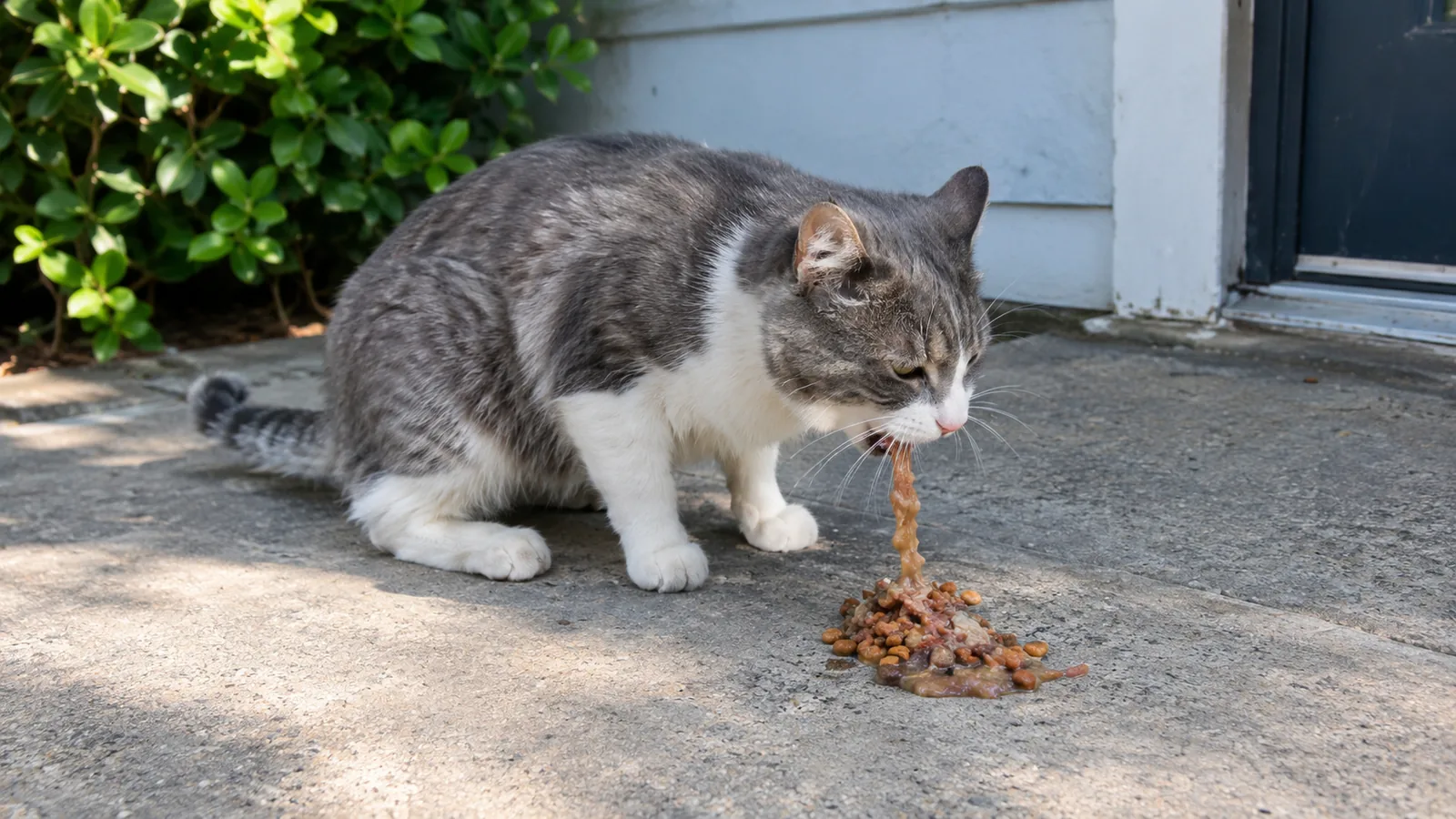 Chat gris et blanc qui vomit des croquettes sur le sol