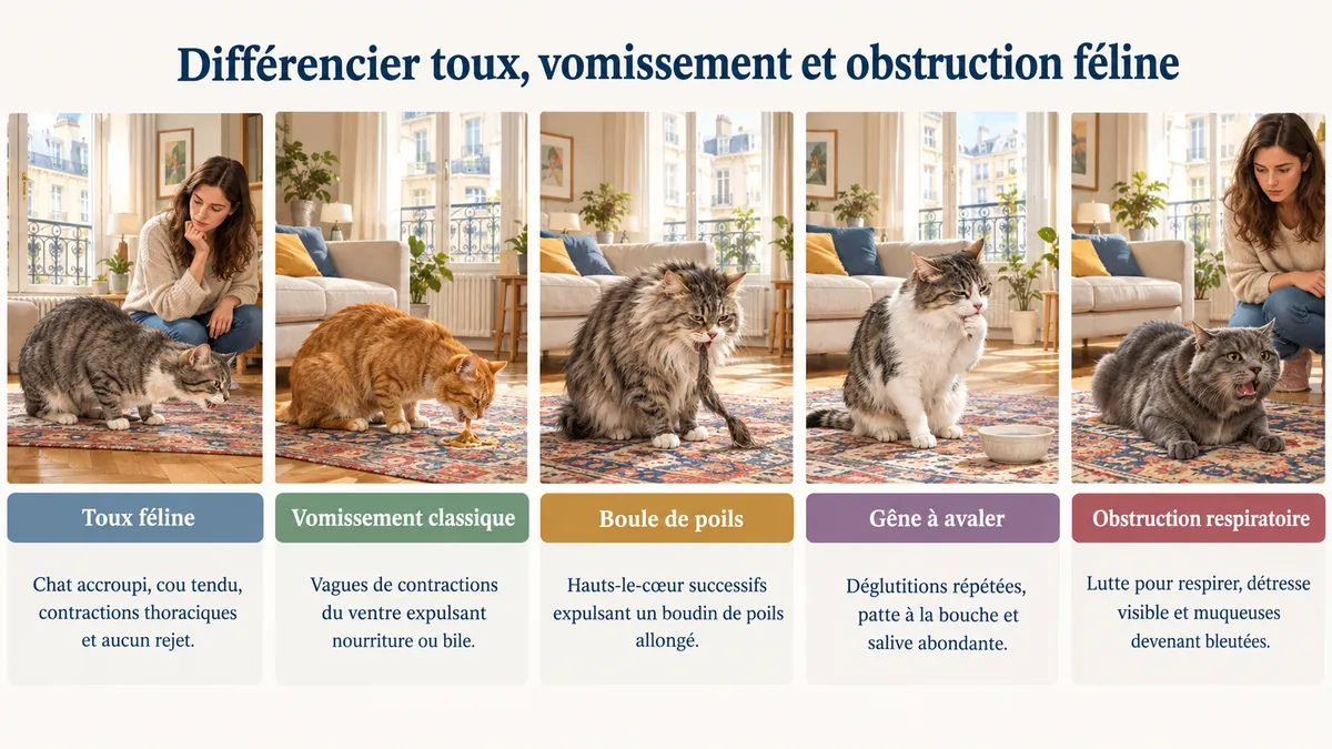 Postures du chat lors d'une toux féline, d'un vomissement, d'une boule de poils et d'une obstruction respiratoire