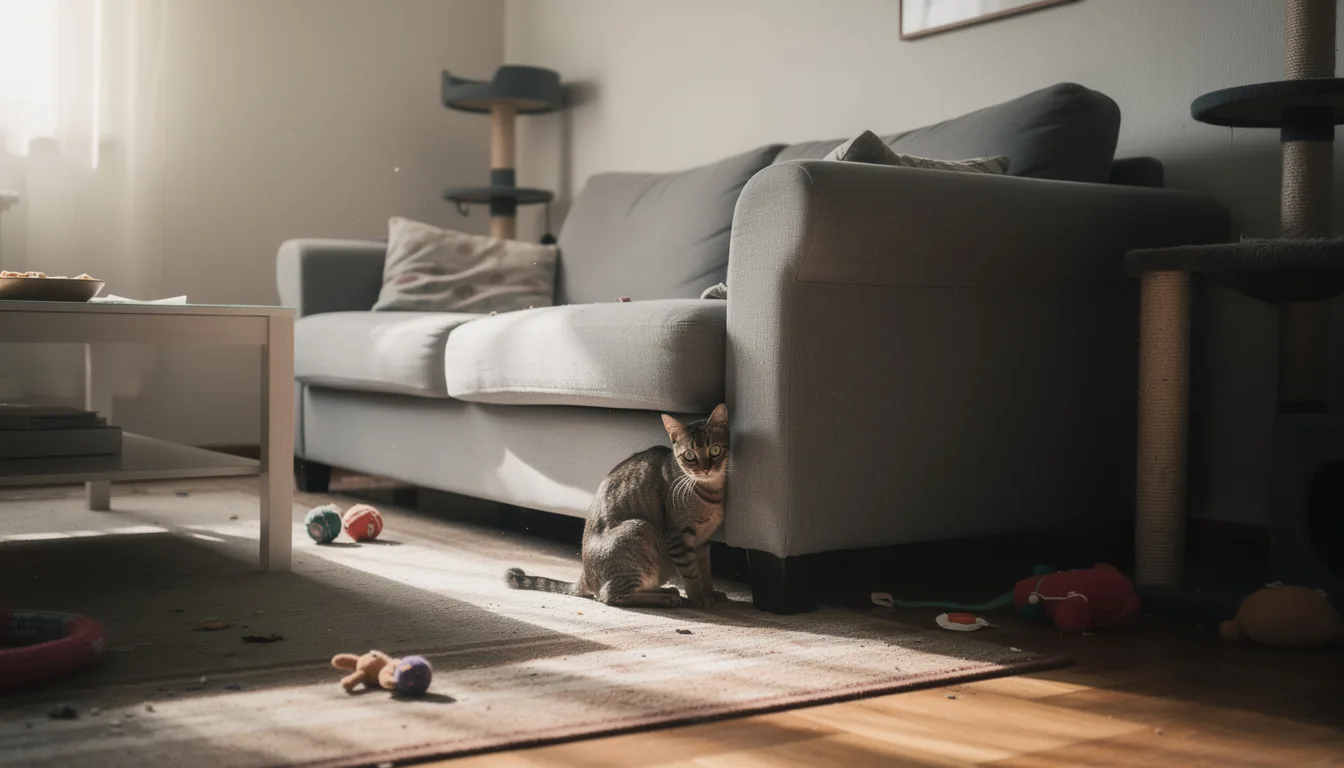 Chat caché sous un canapé, dans un intérieur encombré de jouets et d’arbres à chat