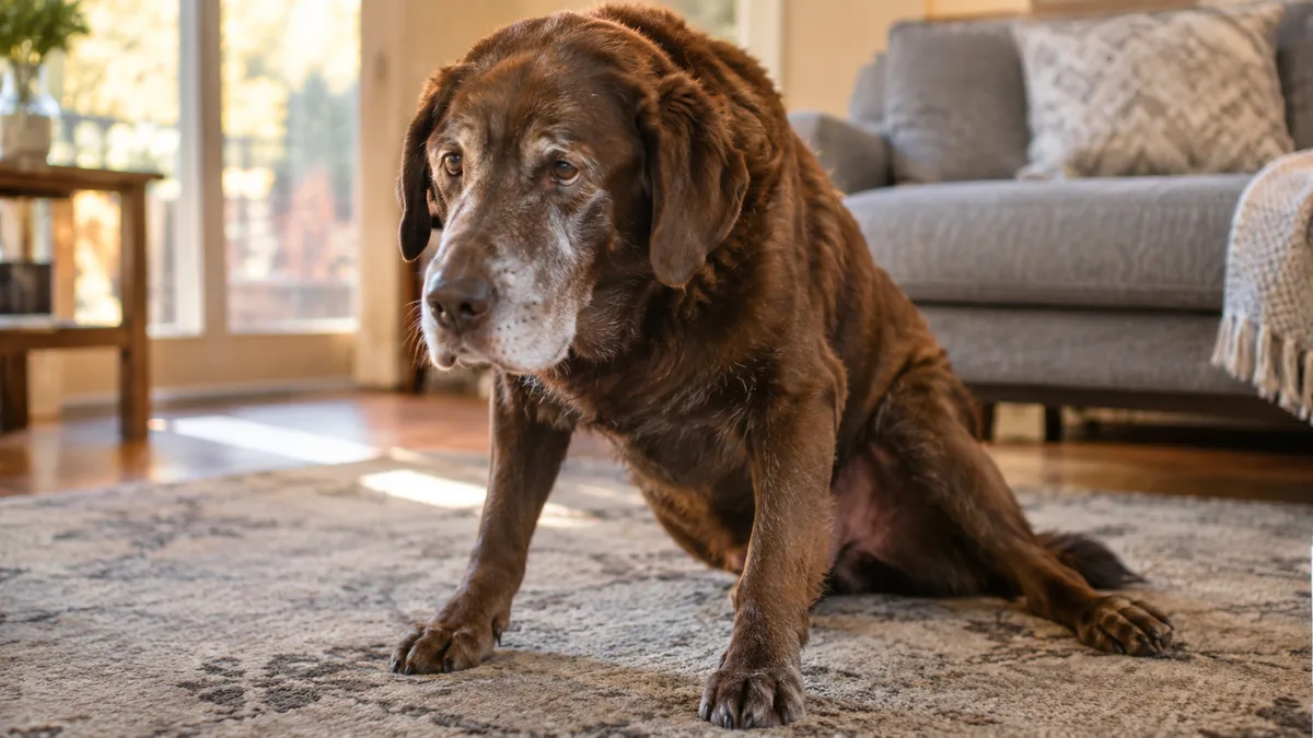 Chien âgé présentant une raideur des membres au lever sur un tapis dans un salon