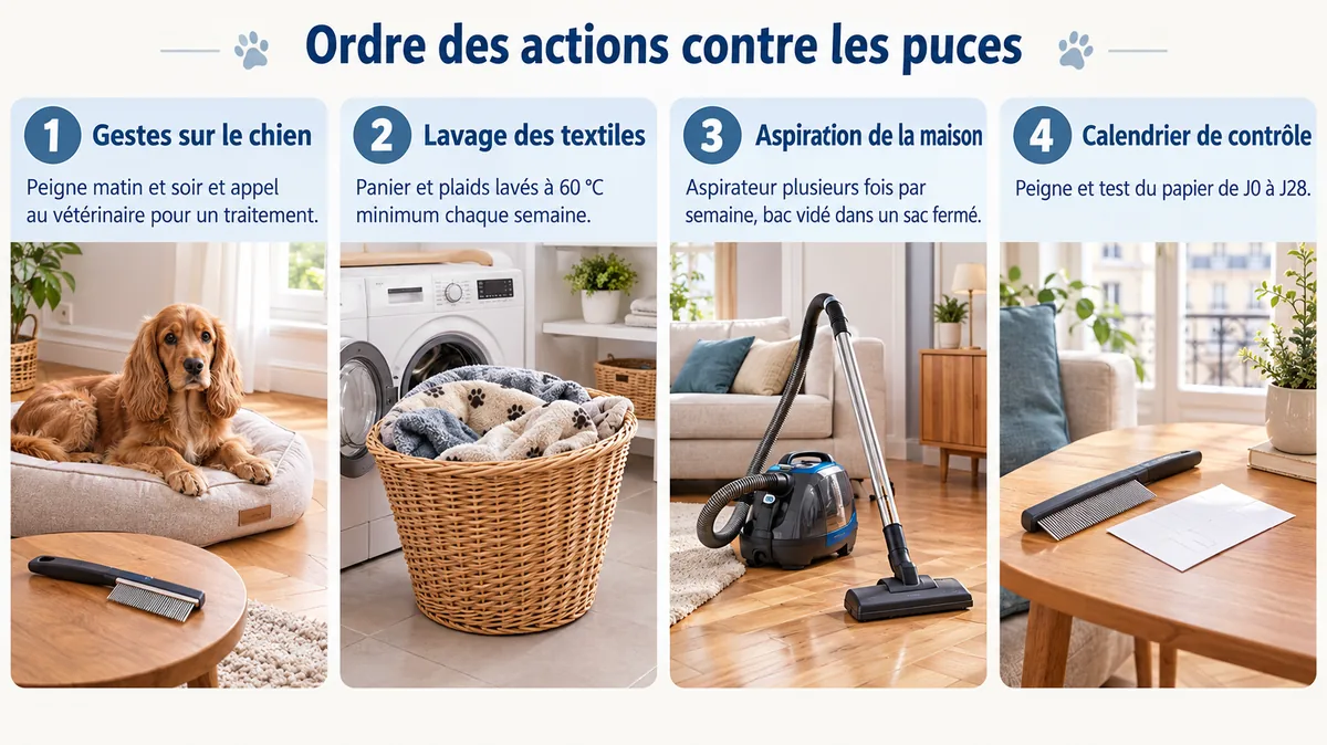 Étapes contre les puces : brossage du chien au peigne, lavage du panier, aspiration de la maison et test sur papier