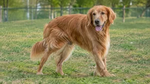 Golden retriever debout sur l'herbe, pattes avant et coudes visibles