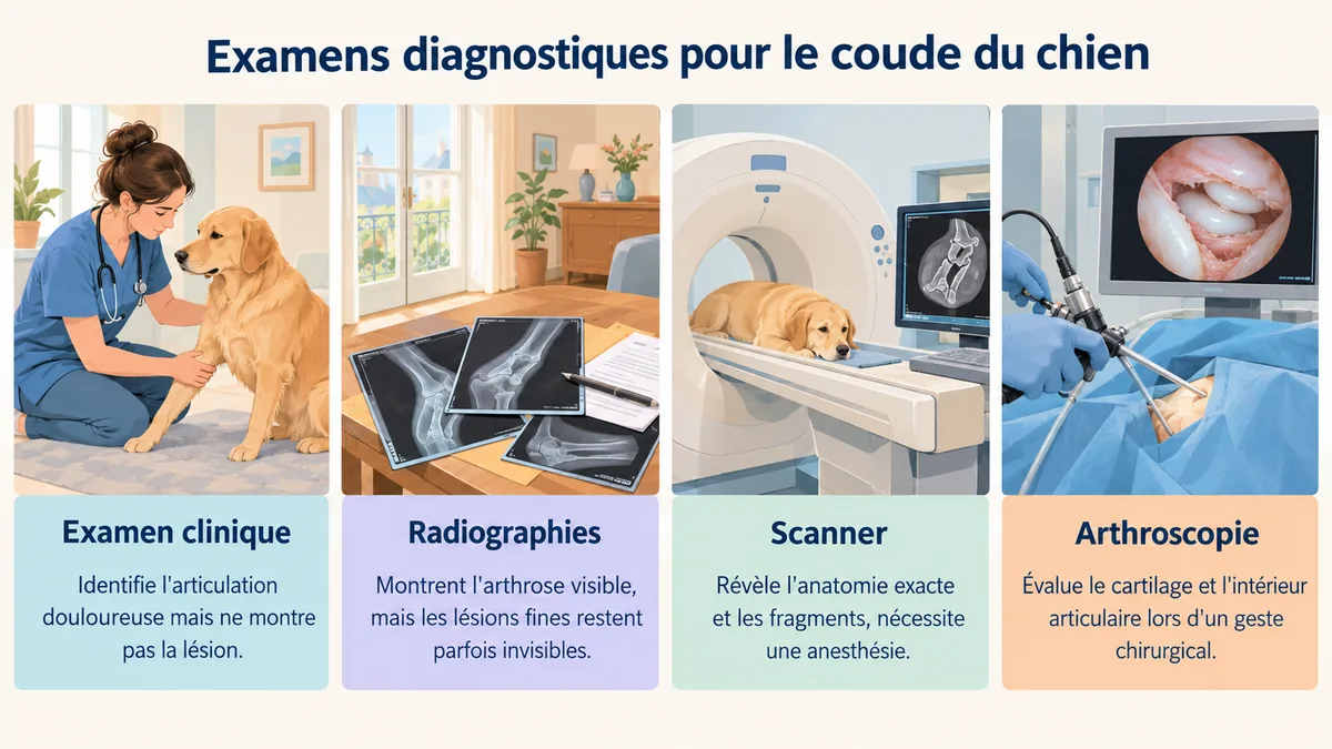 Examen clinique, radiographies, scanner et arthroscopie pour le diagnostic du coude chez le chien