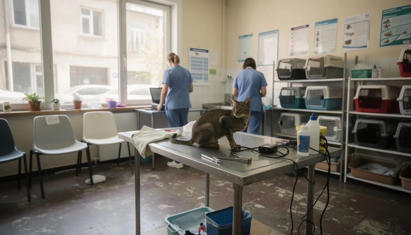 Chat sur une table d'examen dans une clinique vétérinaire, avec des soignantes en arrière-plan
