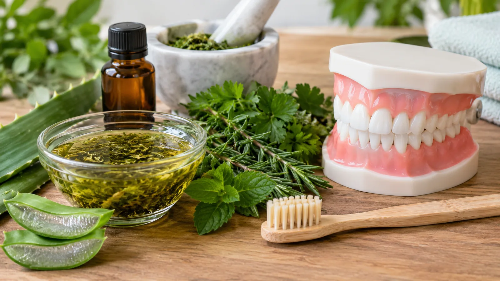 Brosse à dents, herbes médicinales, aloe vera et maquette de dentition pour un soin gingival naturel