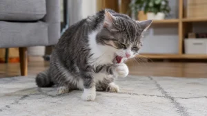 Chat gris et blanc toussant la bouche ouverte et les yeux plissés sur un tapis