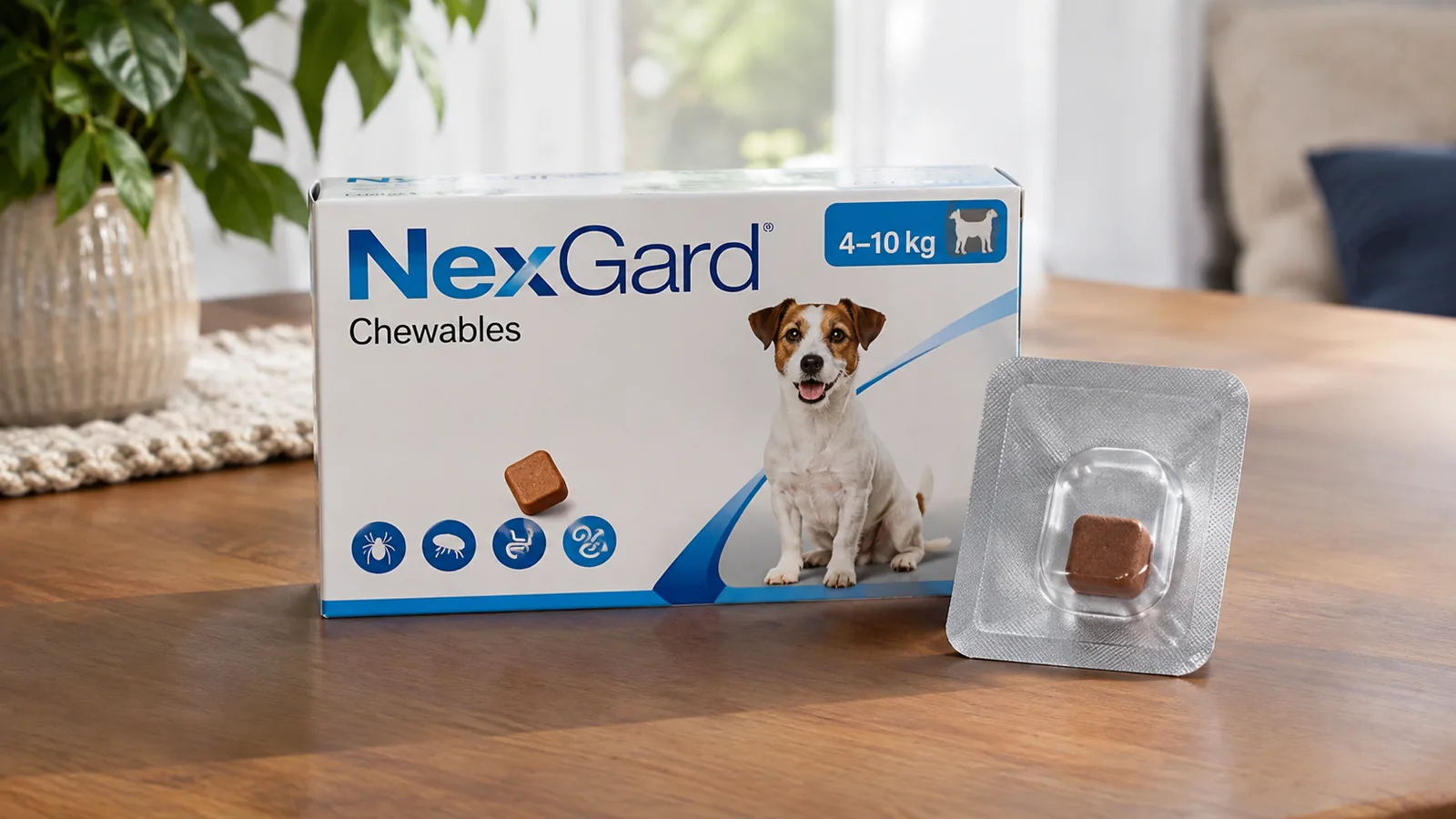 Boîte de NexGard pour chien de 4 à 10 kg et comprimé à mâcher sous blister sur une table en bois
