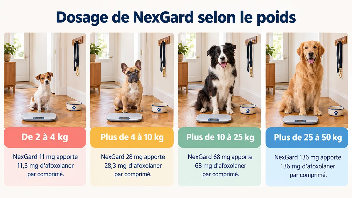 Chiens de différentes tailles avec balances et dosages de NexGard en afoxolaner selon les tranches de poids