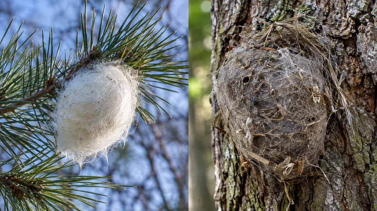 Deux nids de chenilles processionnaires : blanc et soyeux dans les aiguilles de pin, gris et plaqué sur le tronc de chêne