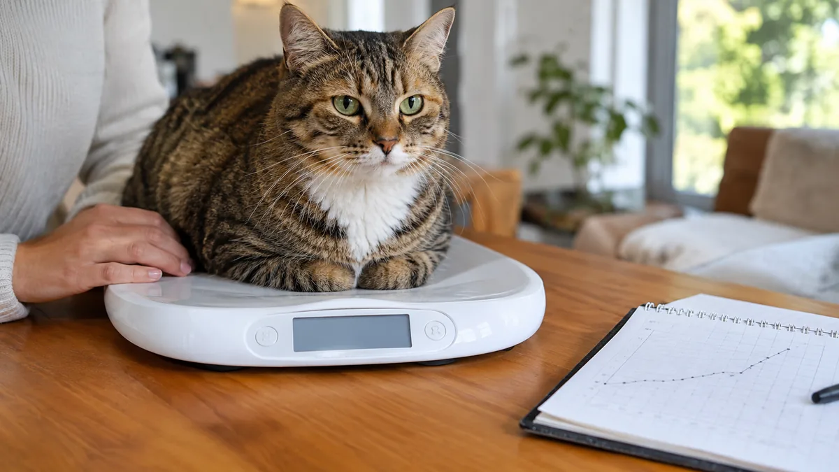 Un chat tigré posé sur une balance électronique sur une table en bois