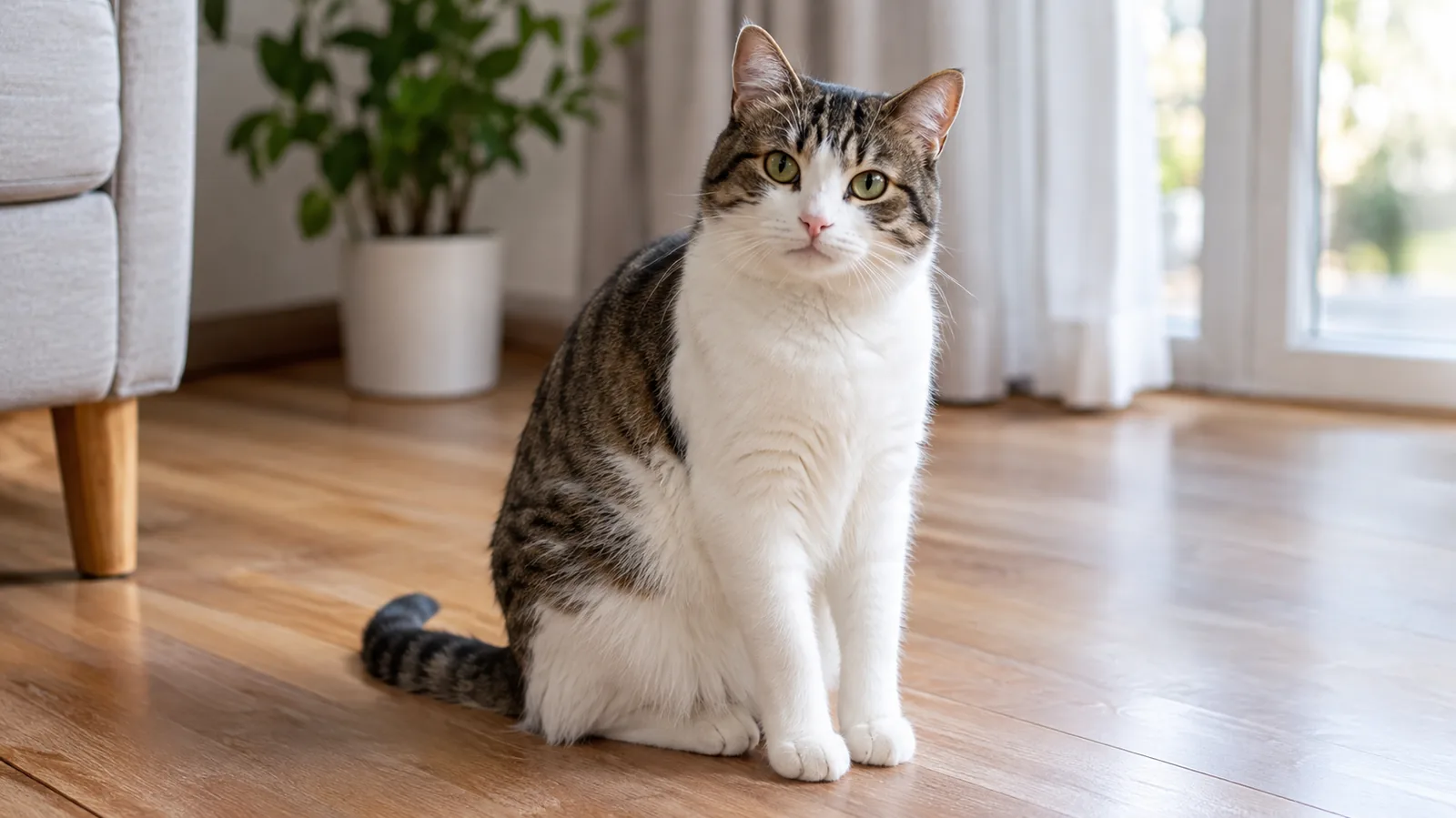 Chat tigré et blanc de gabarit moyen assis sur le parquet d'un salon lumineux