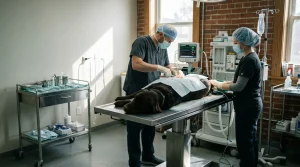 Vétérinaire et son assistante opérant un chien sous anesthésie en salle de chirurgie