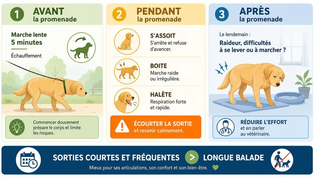 Conseils illustrés pour adapter la promenade du chien souffrant d'arthrose avant, pendant et après la sortie