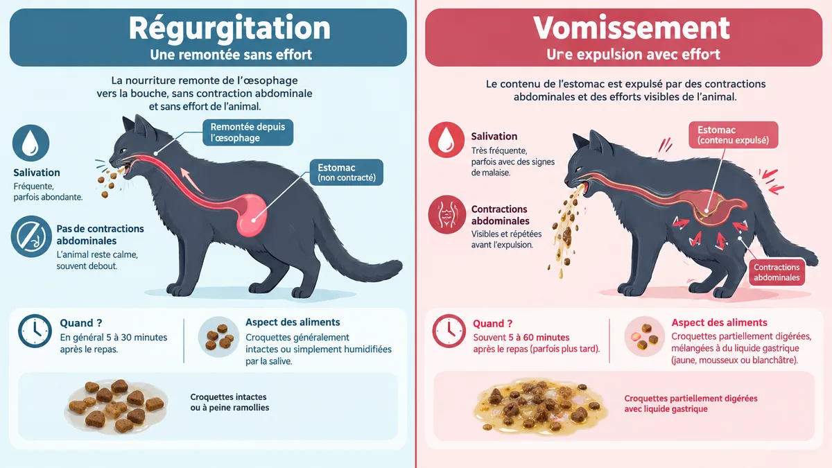 Comparatif illustré entre la régurgitation et le vomissement chez un chat avec l'aspect des croquettes rejetées