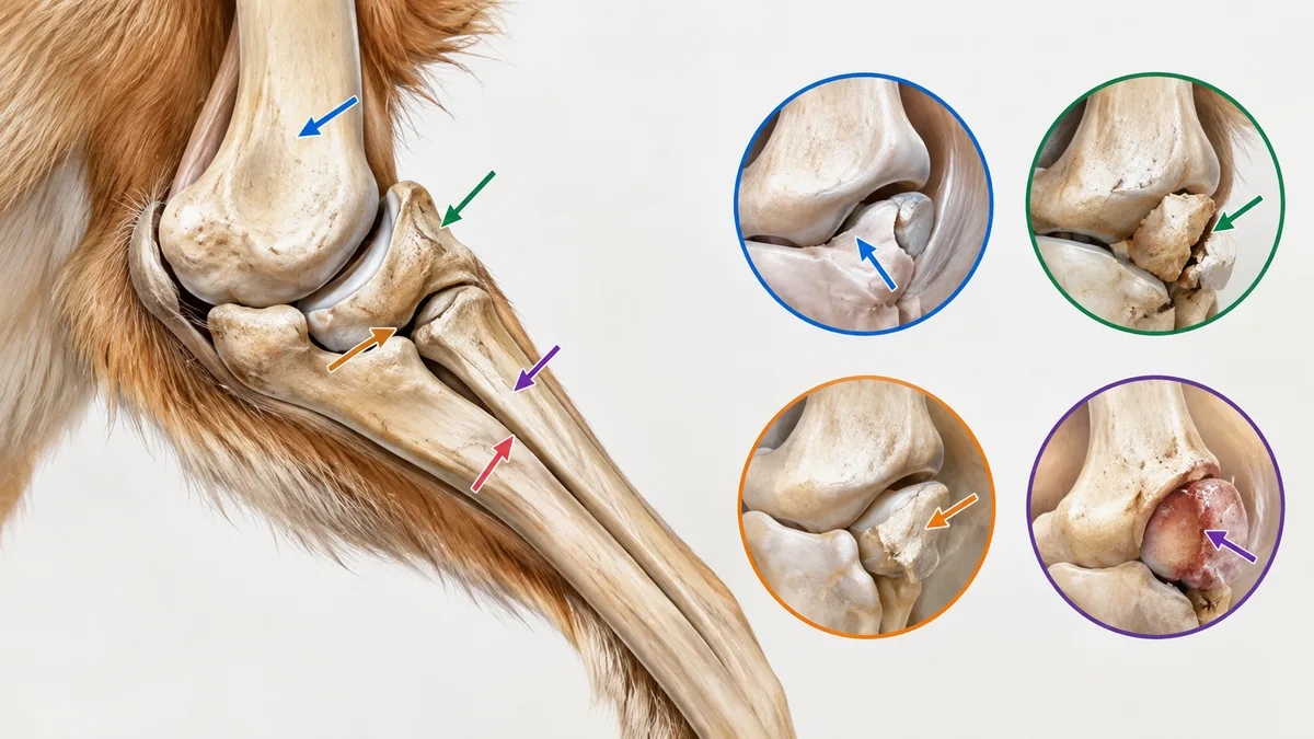 Structure osseuse du coude d'un chien et gros plans sur les lésions articulaires de la dysplasie