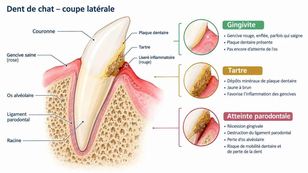 Coupe latérale d'une dent de chat illustrant l'évolution de la plaque dentaire vers la gingivite et le tartre