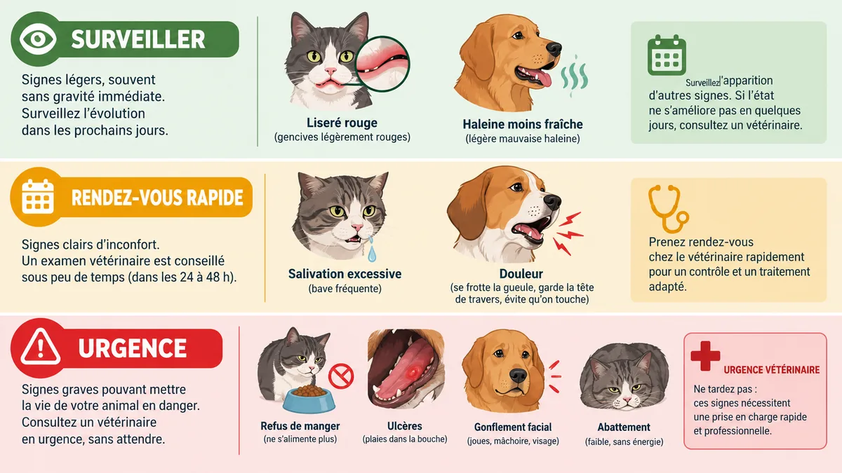 Signes de gingivite chez le chat et le chien classés selon trois niveaux d'urgence : surveiller, rendez-vous rapide, urgence