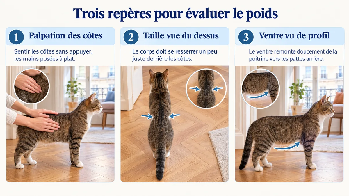 Palpation des côtes, taille vue du dessus et ventre de profil d'un chat pour évaluer son poids