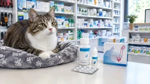 Chat près de comprimés, flacons et boîte de traitement urinaire félin sur le comptoir d'une pharmacie